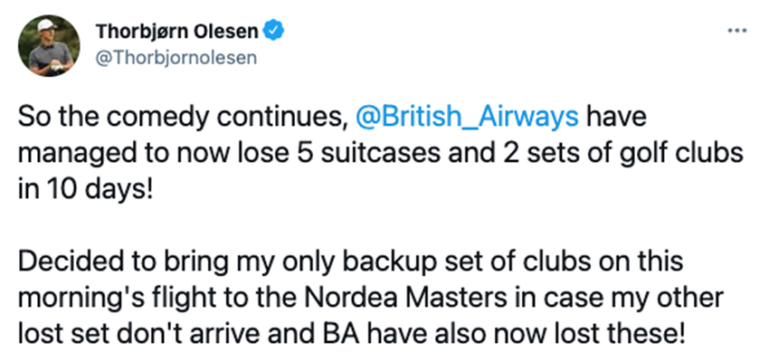 Airlines lost Thorbjørn Olesen's golf bag when flying with his clubs