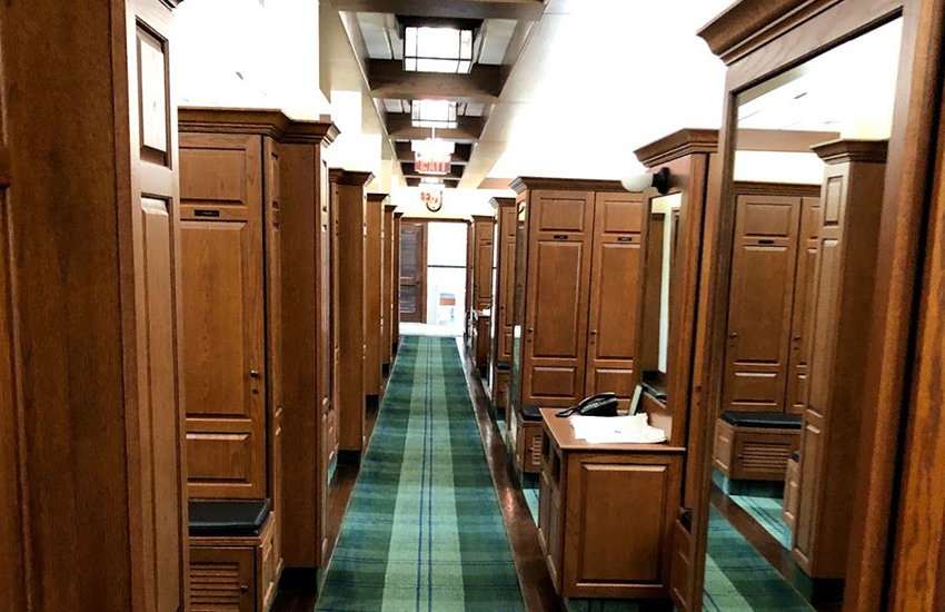The mens locker room in the clubhouse at Quaker Ridge Golf Club
